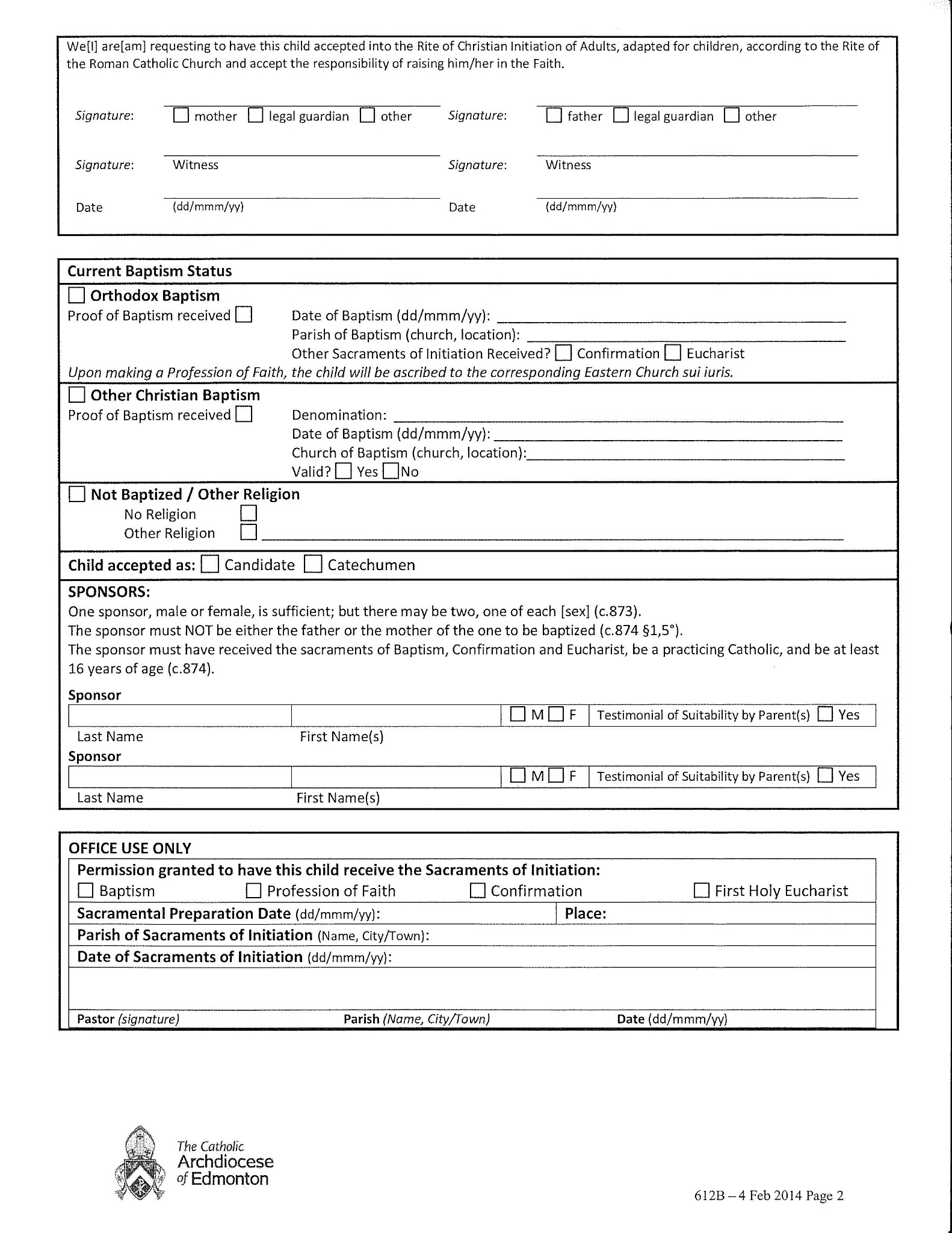 Registration form for Baptism Child RCIC Page 2